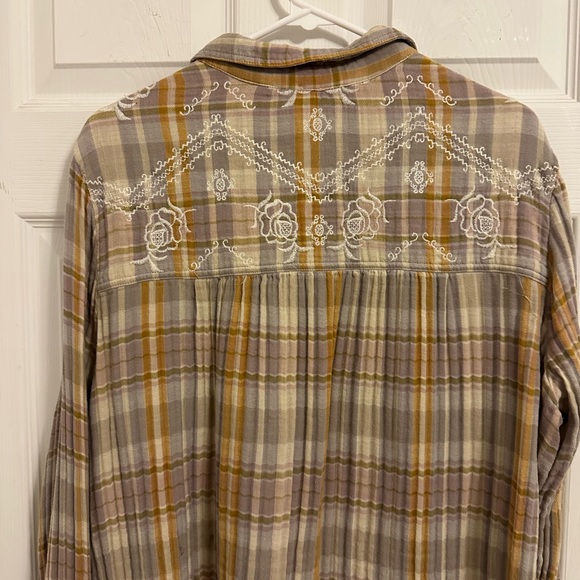 Free People Plaid Button-Up Shirt with Embroidered Details, size XL - Picture 7 of 9